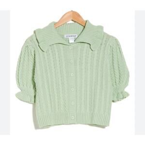 COTTON EMPORIUM Cardigan NWT Size M Collared Cable Knit Puff Sleeve Sweater
